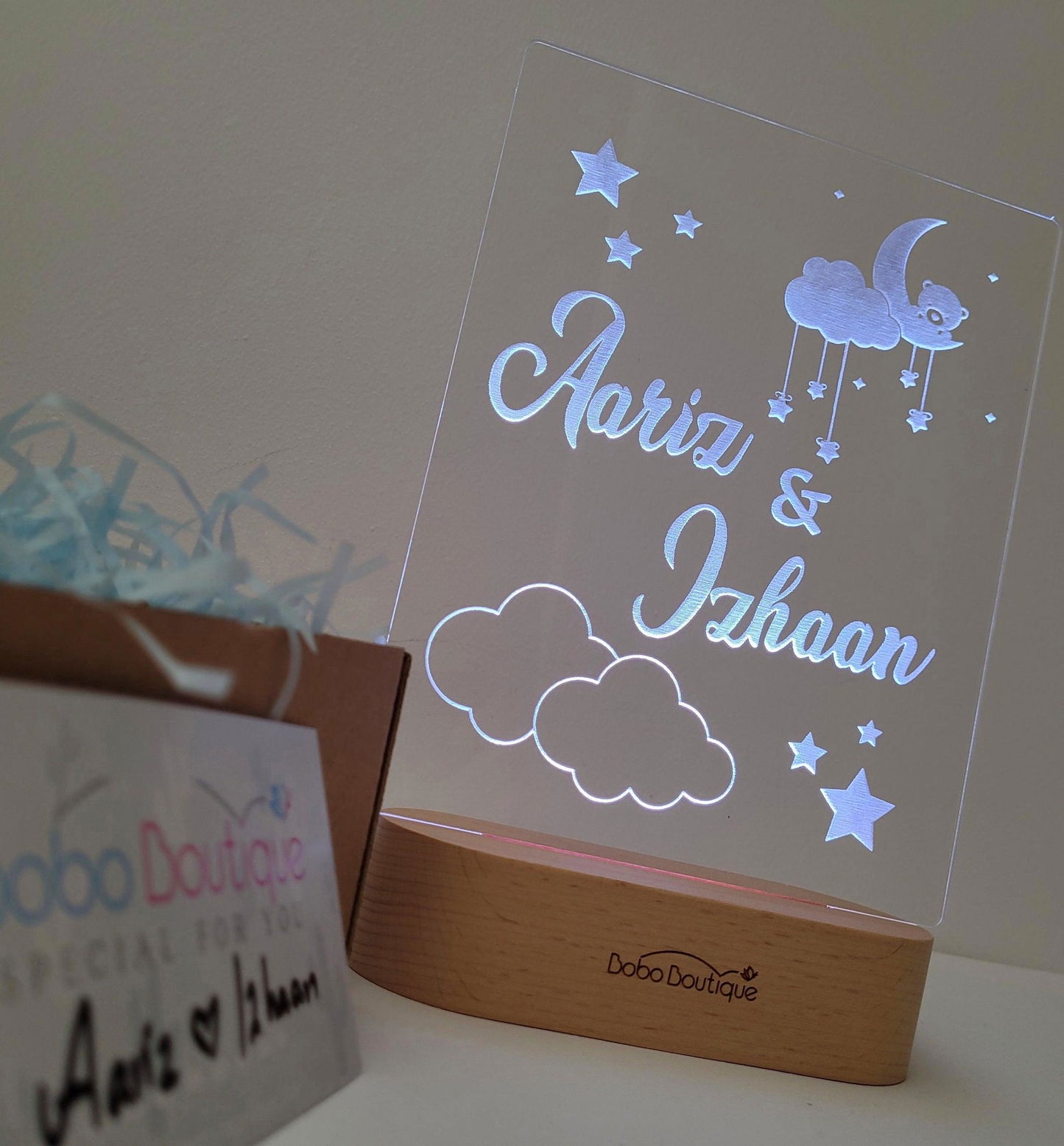 Personalized Siblings Night Light - Cloud Moon With Stars - BOBO BOUTIQUE 
