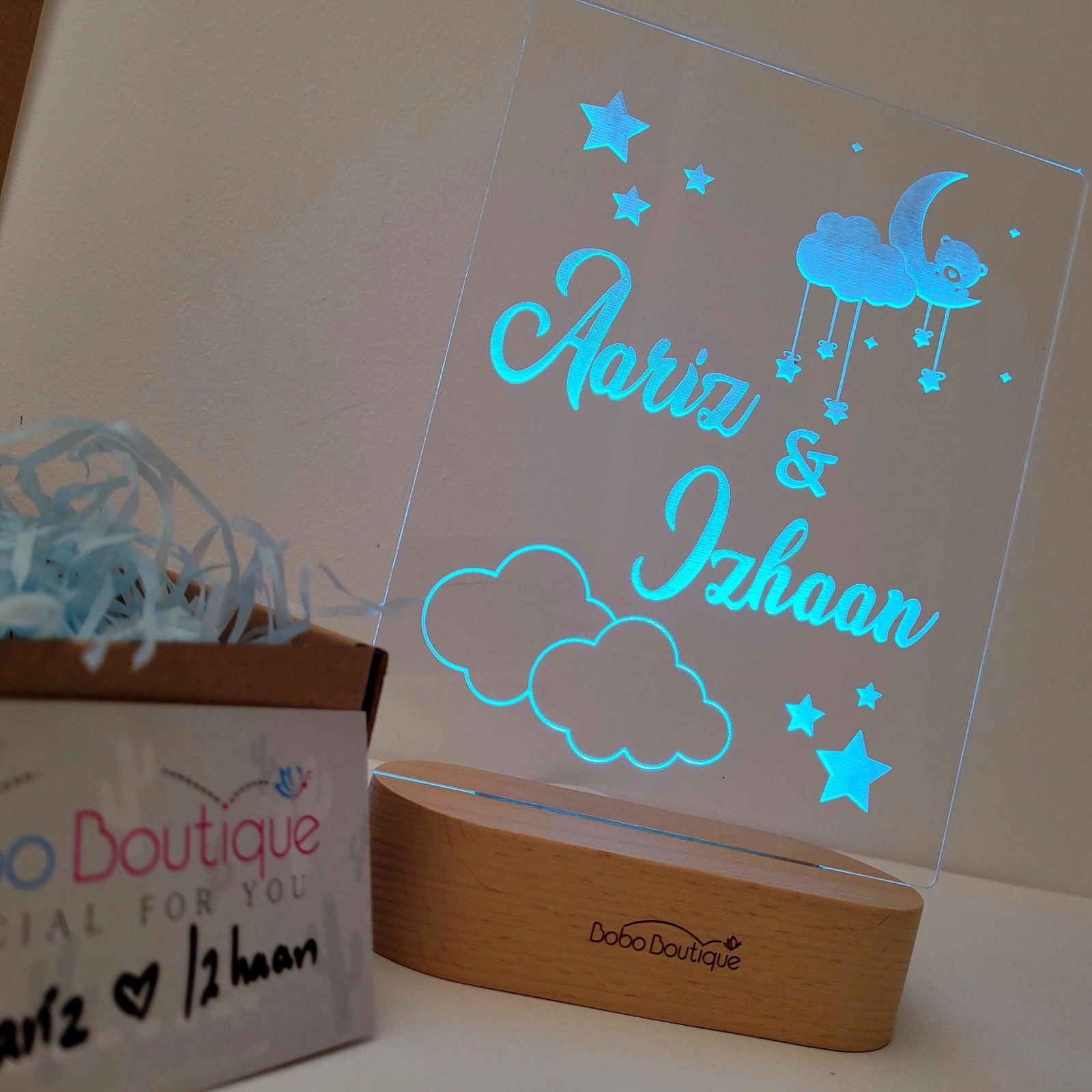Personalized Siblings Night Light - Cloud Moon With Stars - BOBO BOUTIQUE 