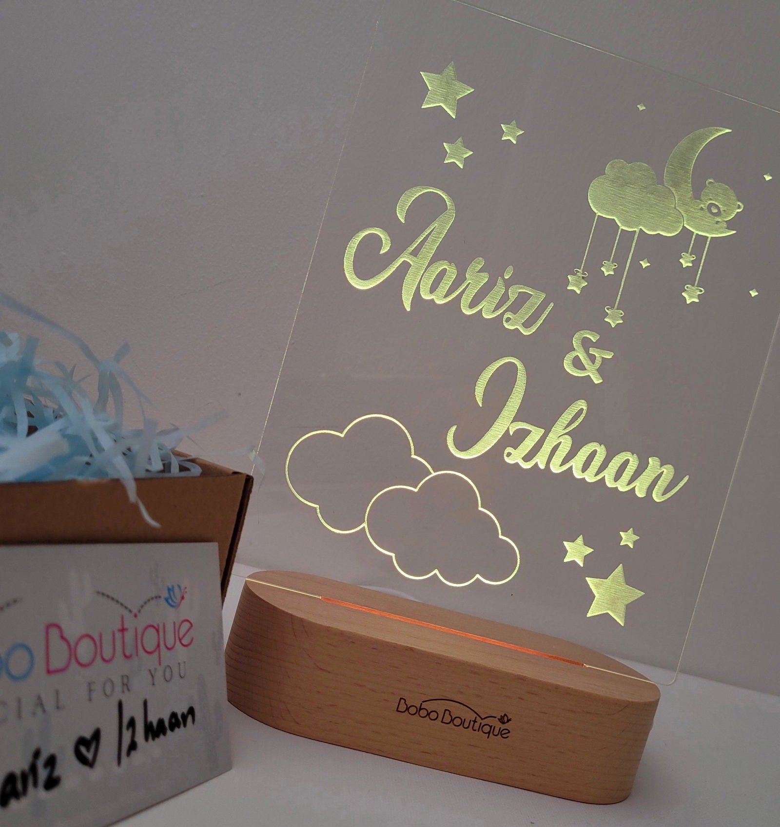 Personalized Siblings Night Light - Cloud Moon With Stars - BOBO BOUTIQUE 