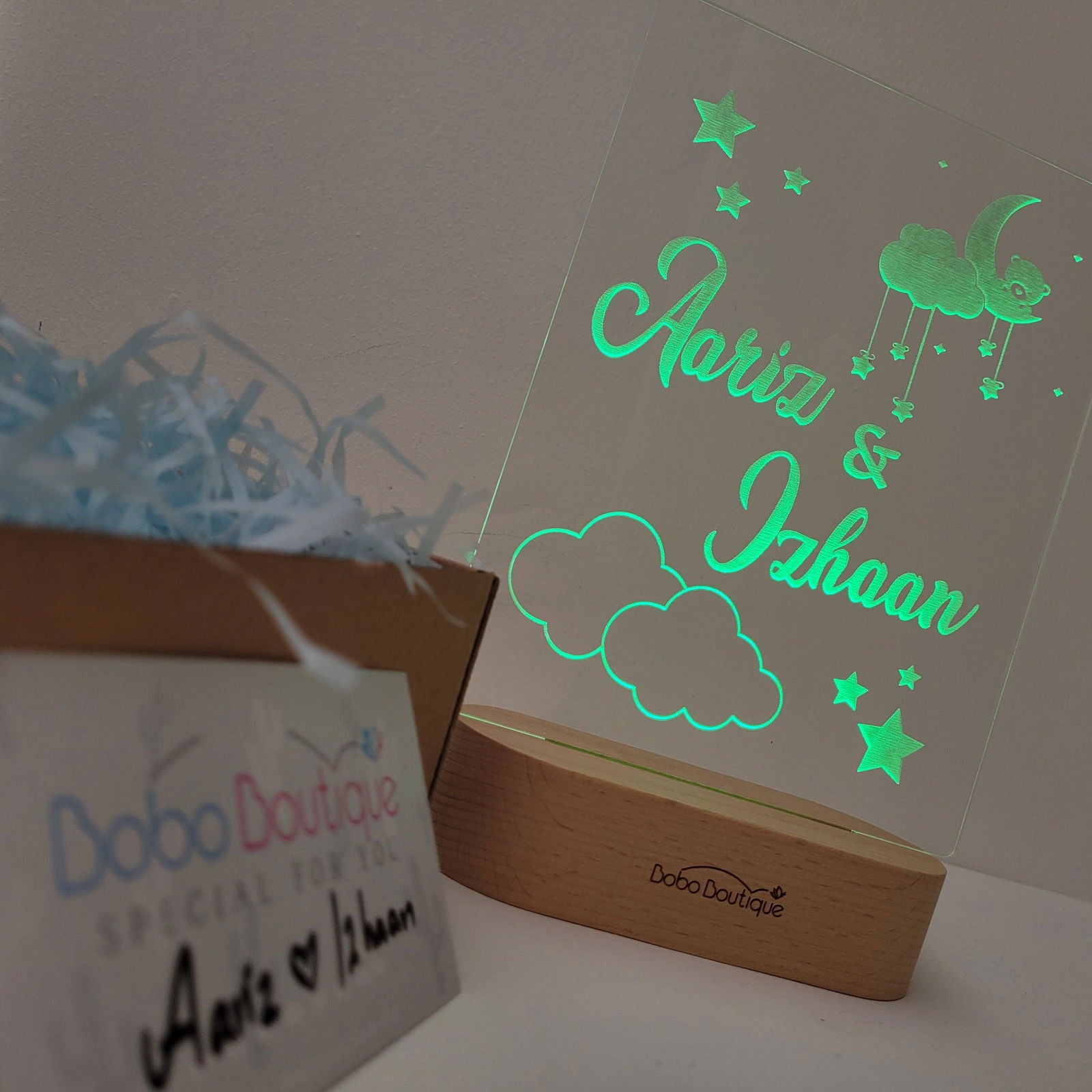 Personalized Siblings Night Light - Cloud Moon With Stars - BOBO BOUTIQUE 